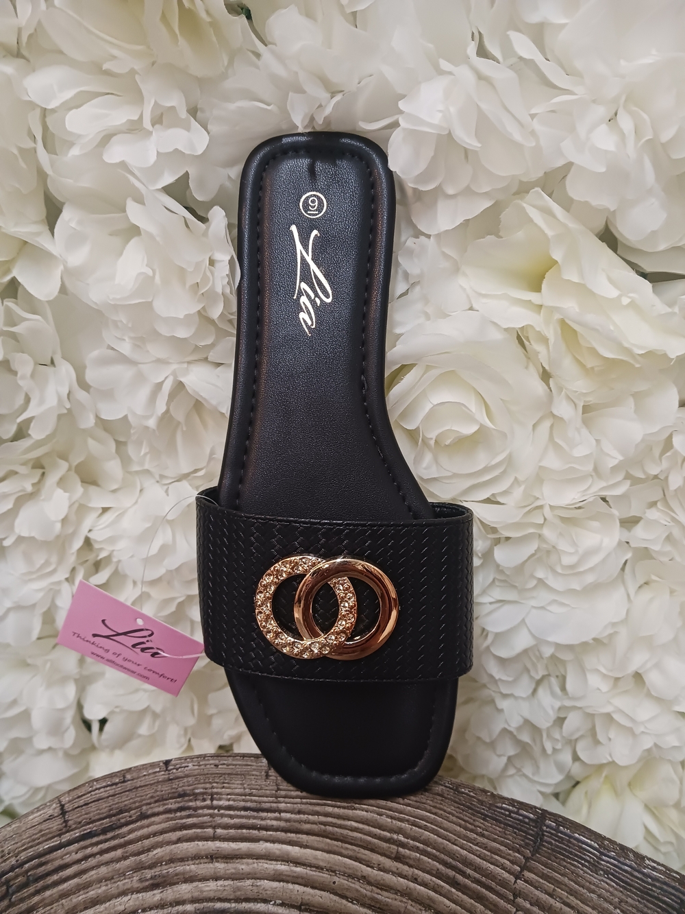 Lia Women's Black Slide Sandals with Gold Accent